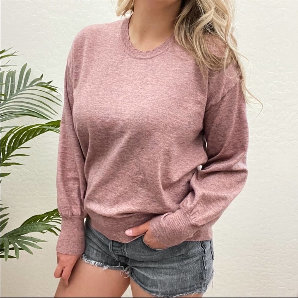 Ella Moss Marled Pink Bubble Sleeve Scalloped Neck Sweater Size XL